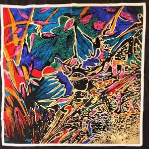 1990s Vintage Black Silk Multi Colored Pattern Scarf With Metallic Gold Designs